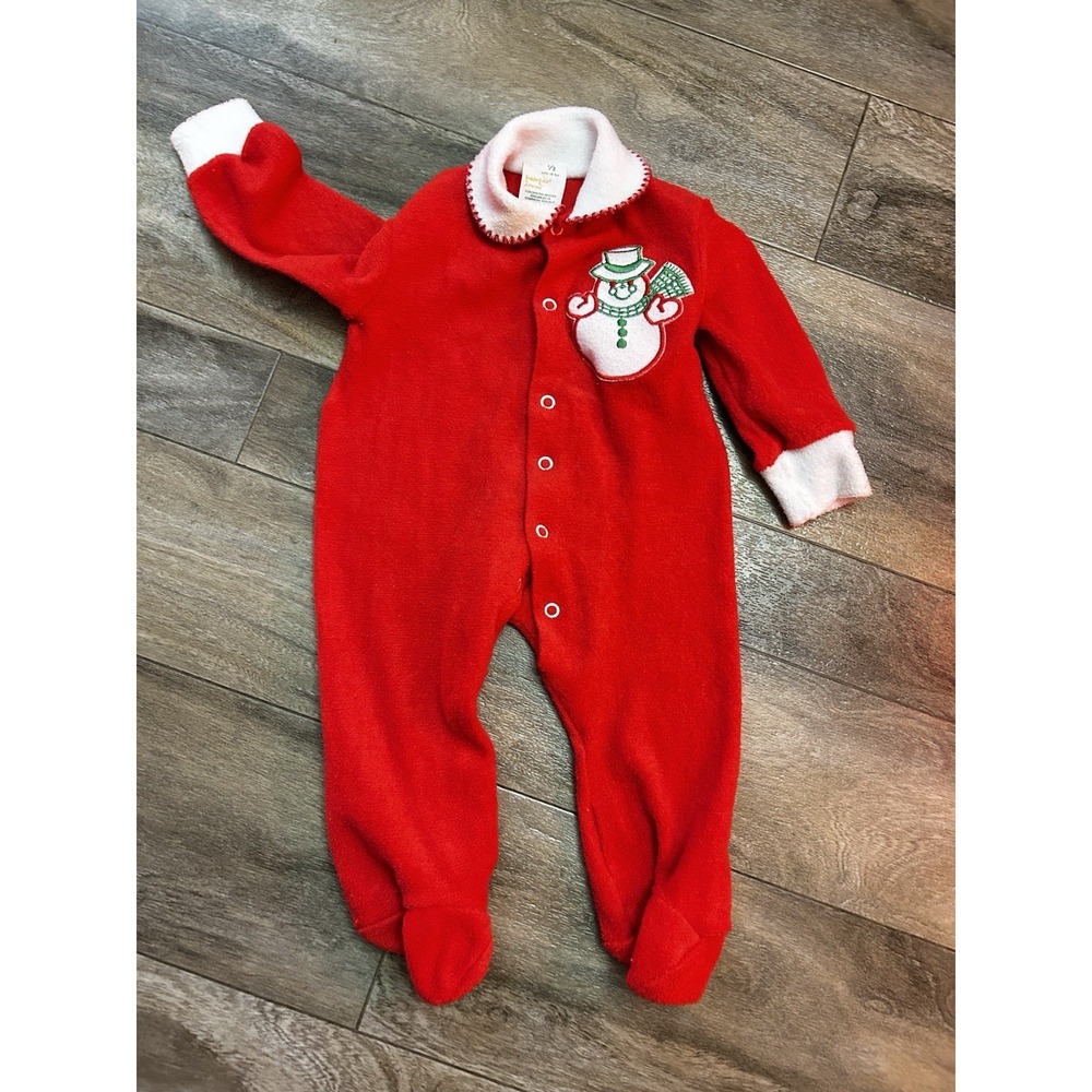 Vtg JC Penney's Footy Pajamas Toddle Time Christmas Terry 6M MCM Red Snap